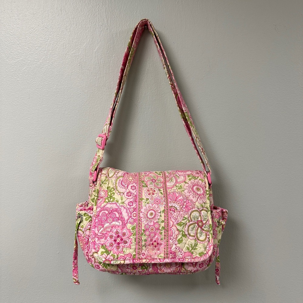 Vera Bradley Petal Pink Lindsay Messenger Bag Quilted Floral Retired Pattern